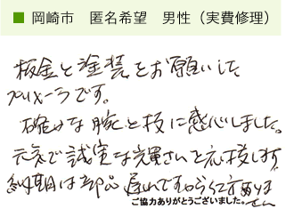 板金と塗装をお願いしたプリメーラです、確かな腕と技に感心しました。